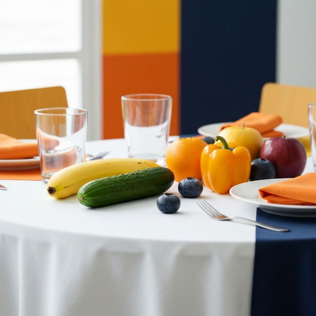Fresh banana, cucumber and healthy vegetables on a bright table setting